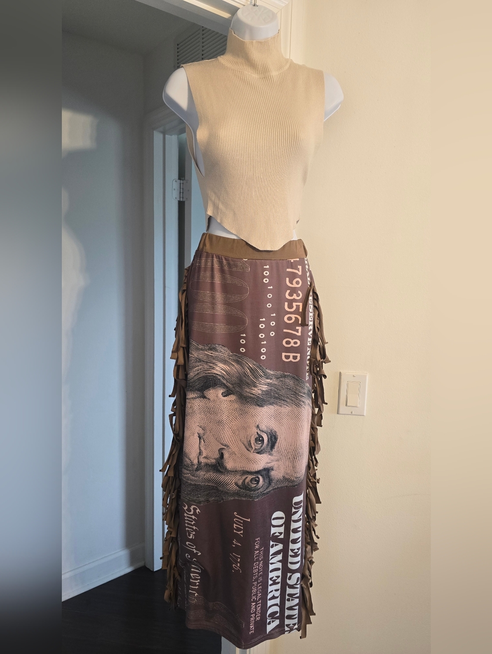 SHEIN Brown Money Graphic Fringe-Trim Midi Skirt - Size Small